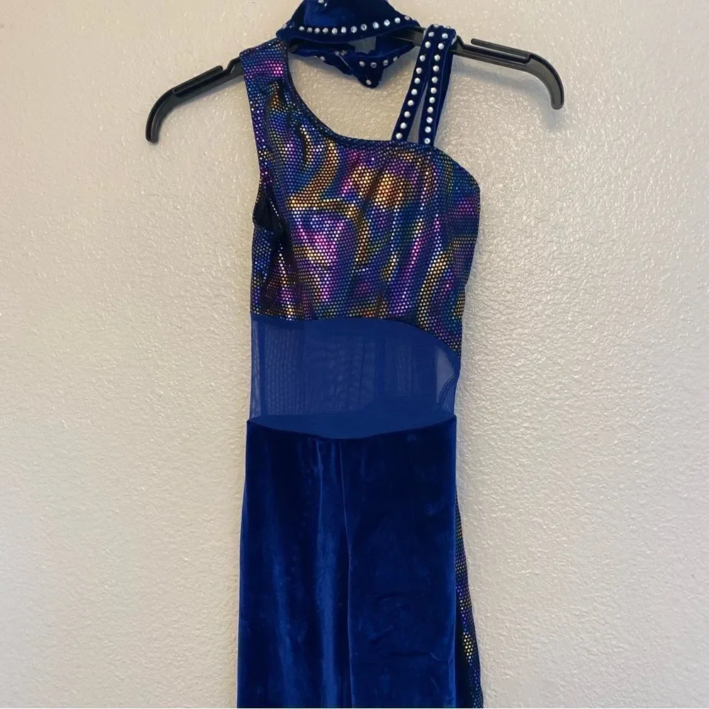 The Line Up Dance Costume unitard blue velvet rhinestone wide leg retro MC 10